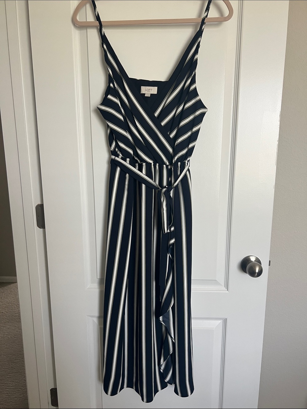 LOFT Black and White Striped Tie-Waist Jumpsuit